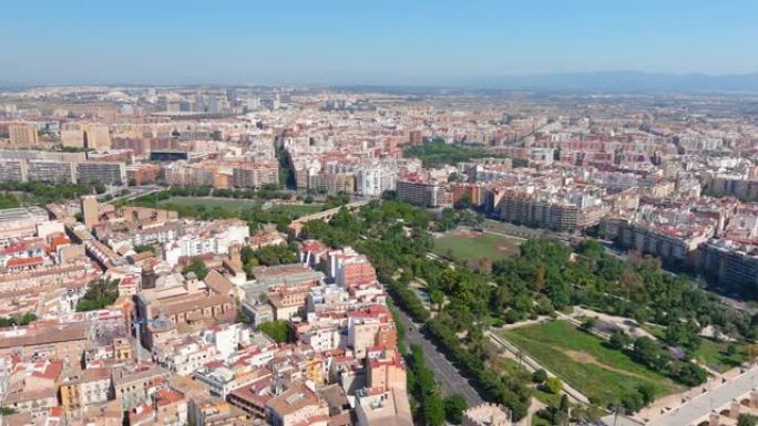 瓦伦西亚: 西班牙名城鸟瞰图，现代城市部分，阳光明媚，蓝天-从上面看欧洲的风景全景