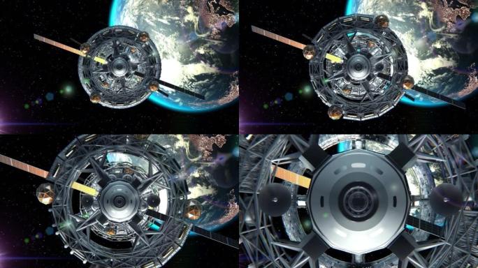 在地球背景上穿过科幻飞船的门，绿屏，3d。地球的纹理是在没有照片的图形编辑器中创建的。NASA提供的