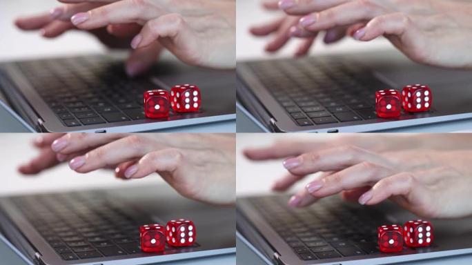 使用笔记本电脑慢动作4k电影时的红色骰子