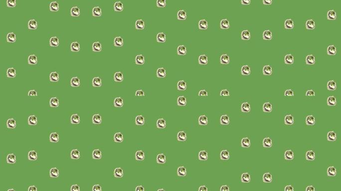 绿色背景上的日本寿司卷彩色图案。寿司无缝图案。顶视图。逼真的动画。4k视频运动