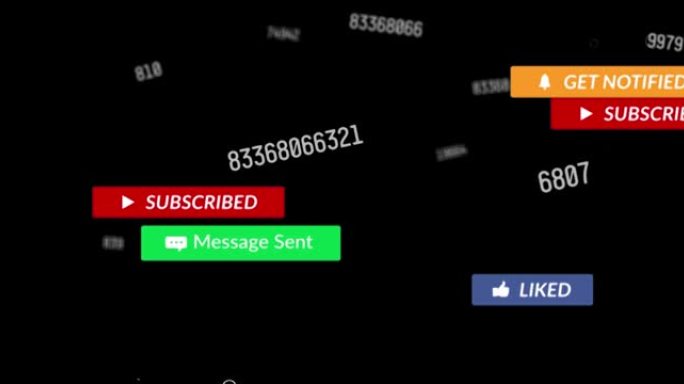 黑色背景下漂浮着多个不断变化的数字和社交媒体横幅