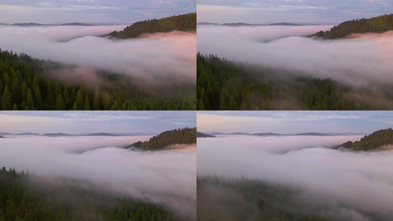 无人机飞过覆盖山谷的浓雾。