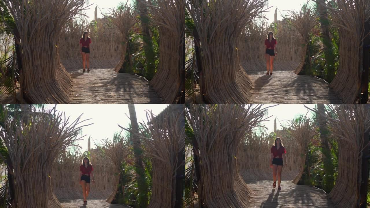 一个女人穿过树洞热带地区海南岛三亚农村小