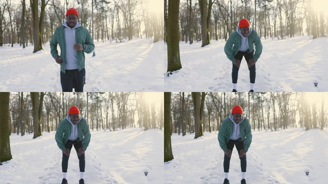 4k视频片段，一个运动的年轻人在户外锻炼时休息