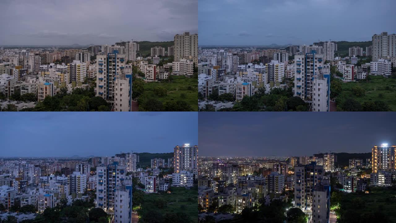 印度马哈拉施特拉邦浦那市的中层建筑和昼夜时光流逝