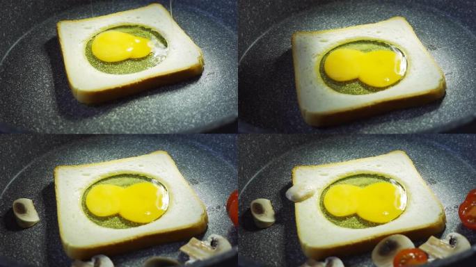 生鸡蛋掉进煎锅里的白吐司面包里。慢动作4k原始视频。