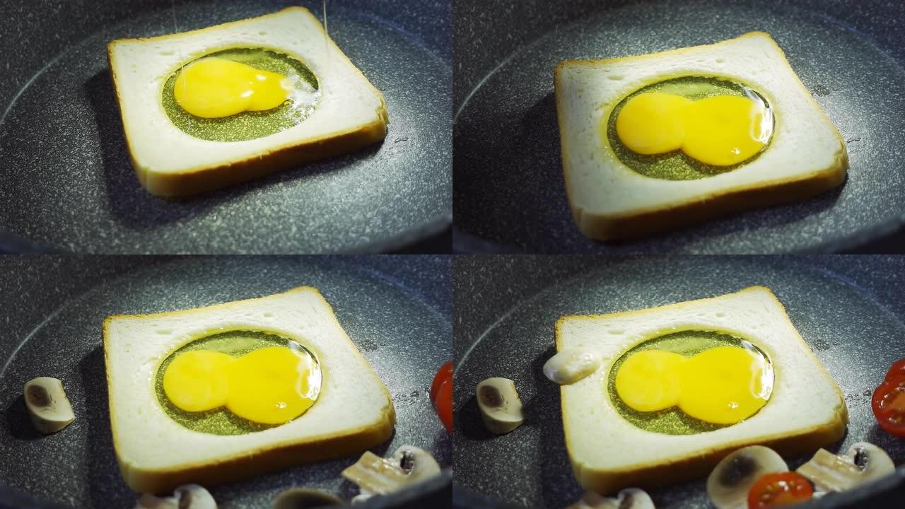 生鸡蛋掉进煎锅里的白吐司面包里。慢动作4k原始视频。