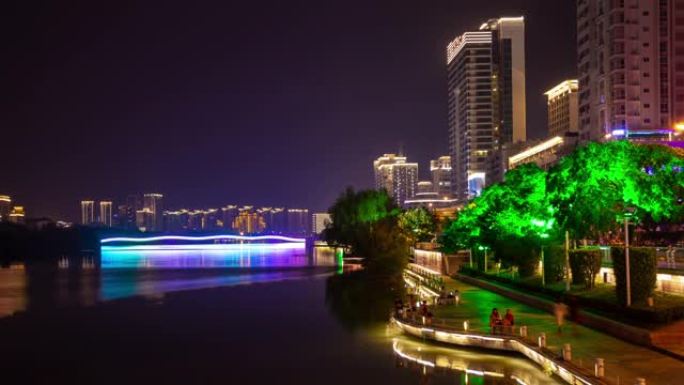 夜间照明三亚城市大桥滨河湾全景4k延时中国海南岛