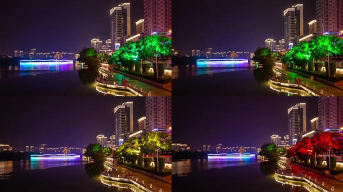 夜间照明三亚城市大桥滨河湾全景4k延时中国海南岛