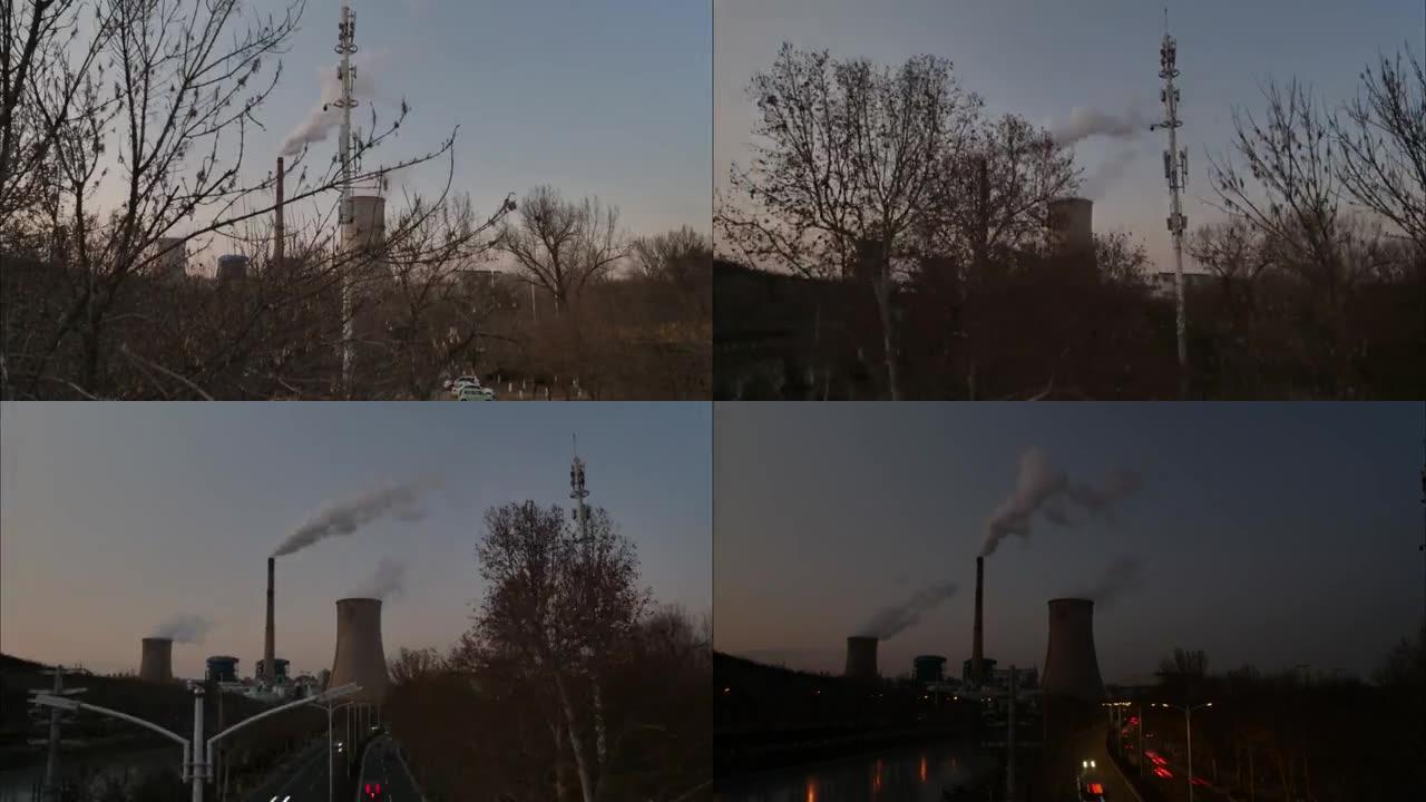 冬季傍晚的燃煤火力发电厂。