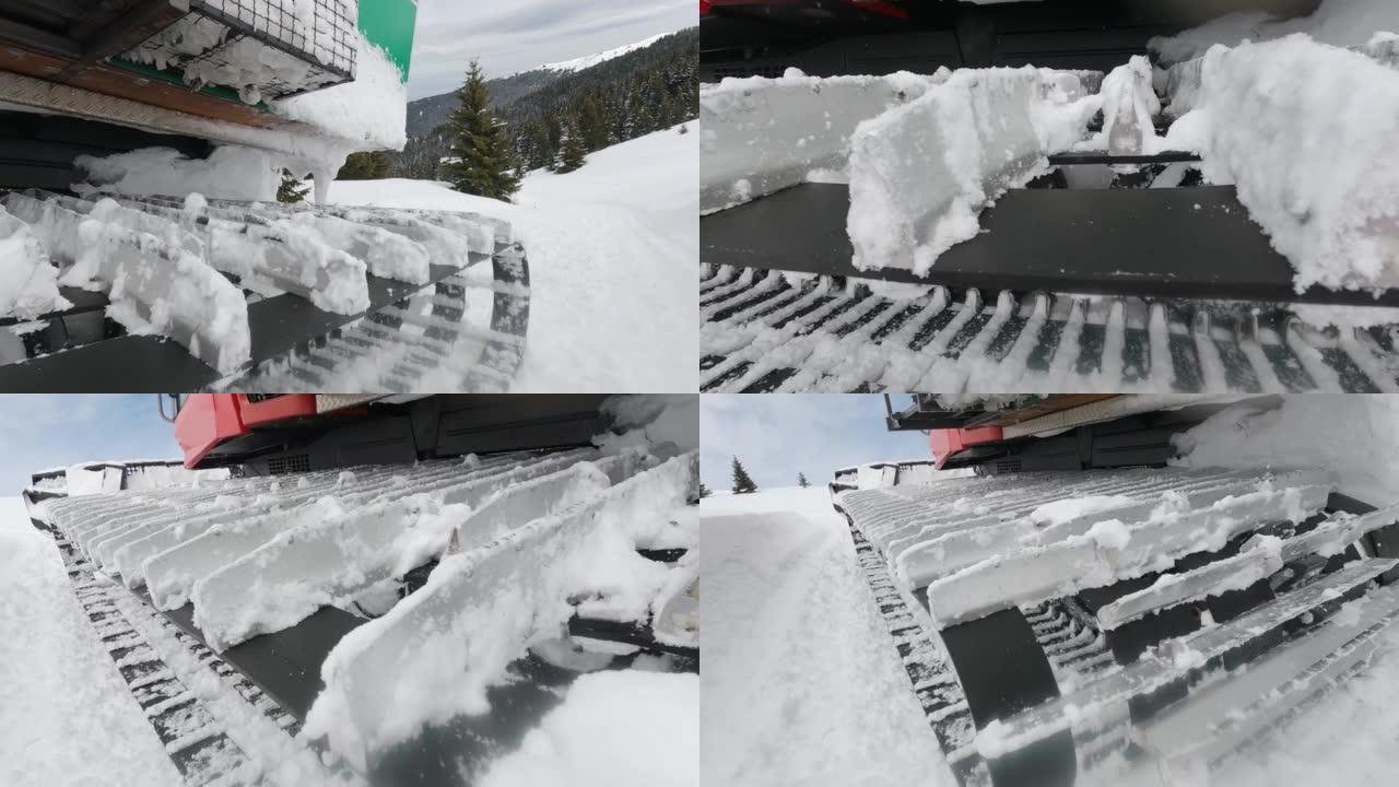 扫雪机救援拖拉机在暴风雨过后在山上快速行驶，慢动作