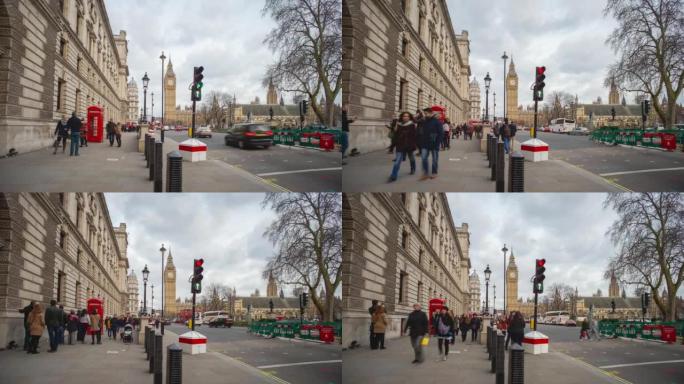 大本钟、电话亭、温斯顿·丘吉尔雕像和英国伦敦的威斯敏斯特大教堂，通过缩放、平移的时间推移