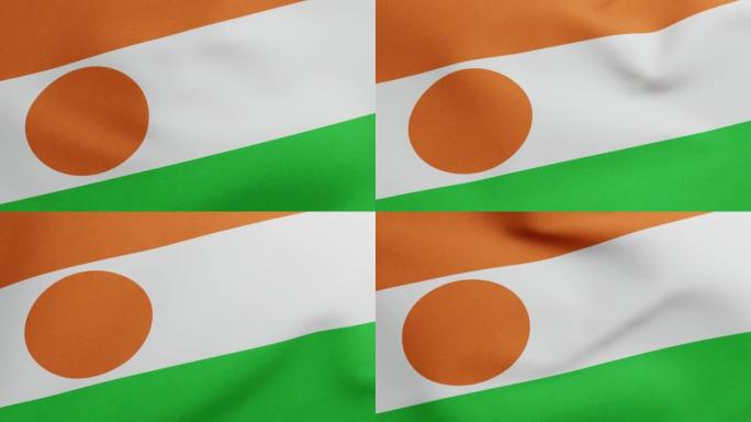 尼日尔国旗挥舞原始大小和颜色3D渲染，垂帘尼日尔标志尼日尔共和国，尼日尔国旗