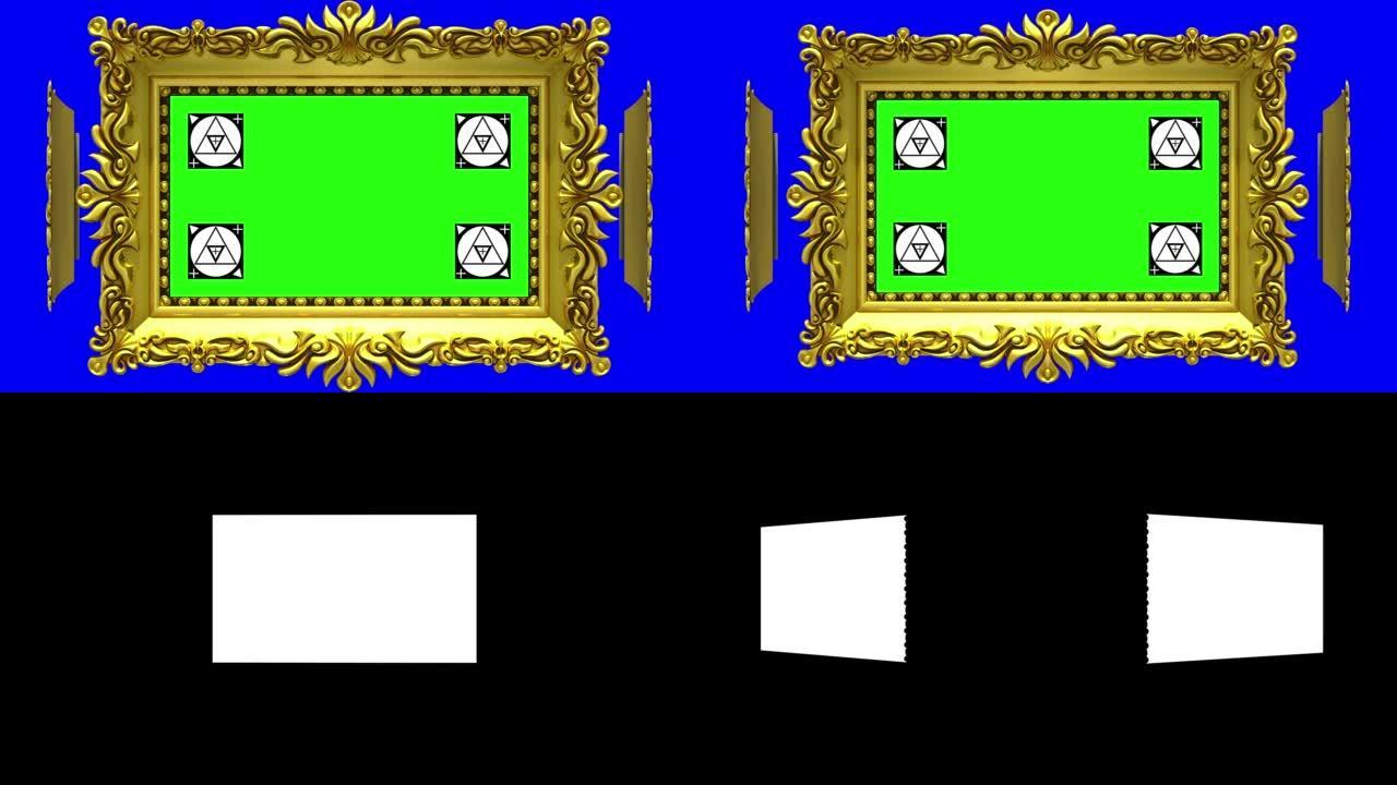 华丽的金色相框在蓝色背景上旋转一圈，色键。无缝循环，带有运动跟踪标记和绿色屏幕的3D动画。包括阿尔法