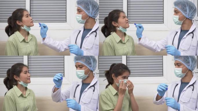 医生用棉签通过鼻子采集唾液样本，检查亚洲年轻女子的冠状病毒测试