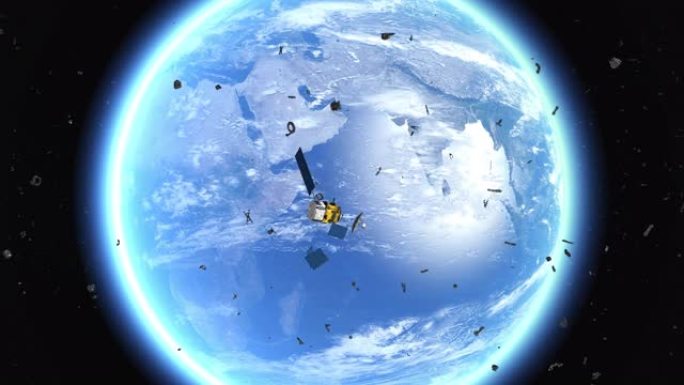 轨道碰撞造成的有缺陷卫星的空间碎片和空间飞行的小部件在地球轨道上飞行-三维插图