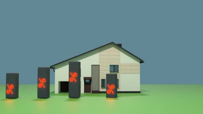 3D视频。在房屋背景上增加带有百分比符号的盒子