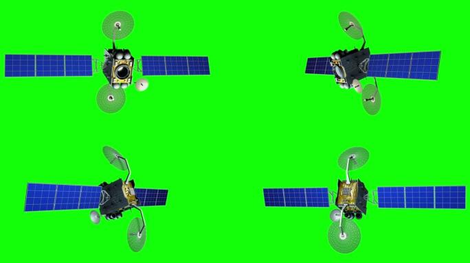 虚构人造卫星在绿屏上旋转，无缝循环，3d动画