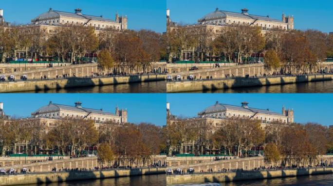 巴黎的风景与秋天的巨像和塞纳河码头的人民历史建筑