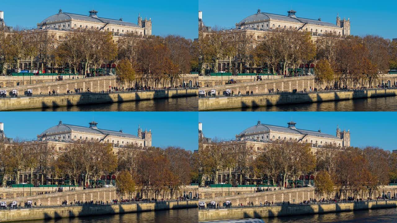 巴黎的风景与秋天的巨像和塞纳河码头的人民历史建筑