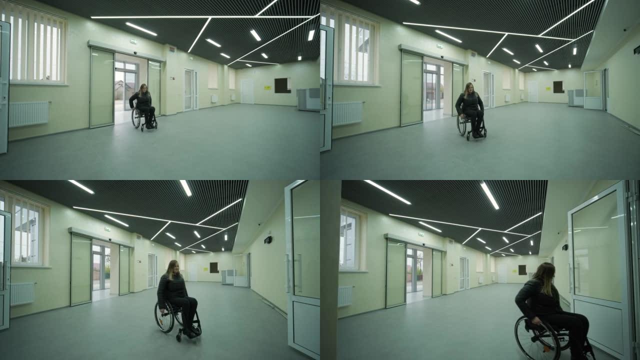 家里坐轮椅的残疾妇女走进了现代化的办公大楼