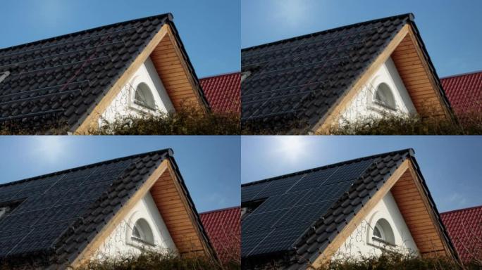 房屋屋顶上安装太阳能电池板的可视化。前后。