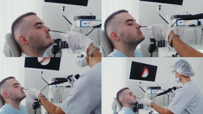 耳鼻喉科使用医用微型照相机检查患者的鼻窦