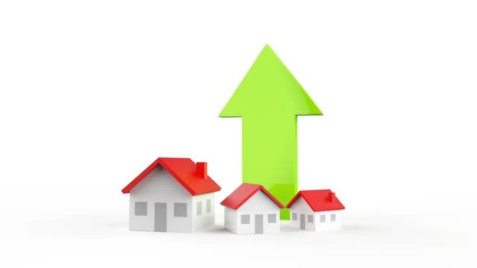 房地产业务增长与运动绿色箭头。3D插图。