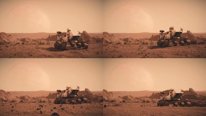 NASA火星发现漫游者穿越太空行星表面前往火星。火星表面的红色污垢。先进技术、太空探索/旅行、殖民概