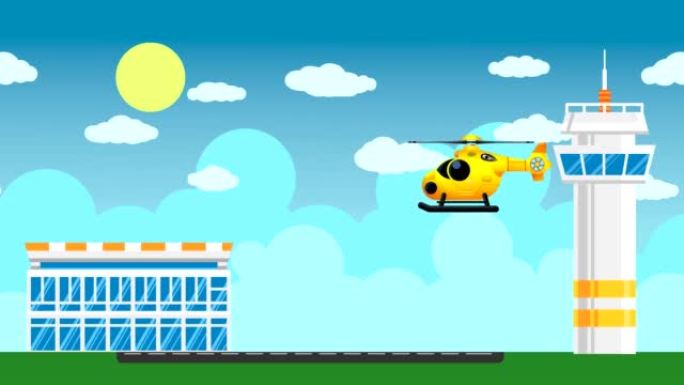 一架黄色直升机在机场起飞