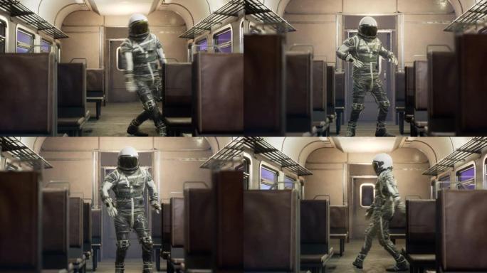 宇航员在星际空间火车上跳舞，以超光速行驶。幻想太空旅行的概念。循环动画非常适合太空，幻想和科幻背景。