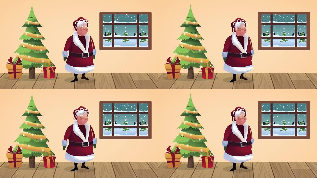 与树和圣诞老人妻子的圣诞快乐动画