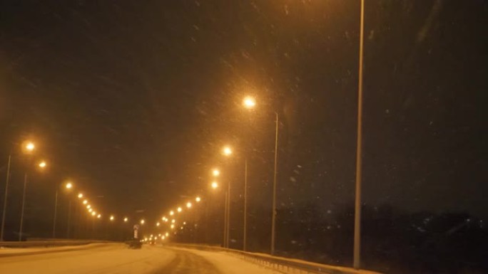 夜间飘雪空旷的马路，没有车流，一排明亮的路灯