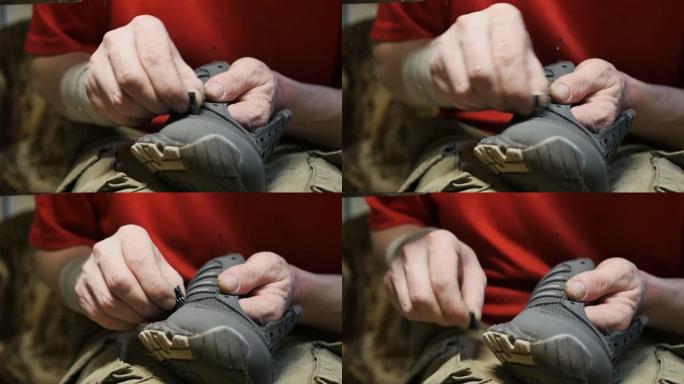 鞋匠的手清洁接缝表面，以便涂胶