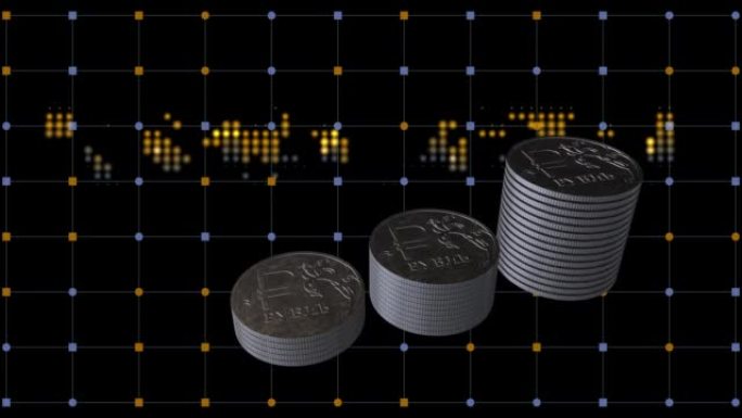 卢布价值的增长。卢布硬币列和价格变化图。卢布硬币条和价格增长图3D渲染