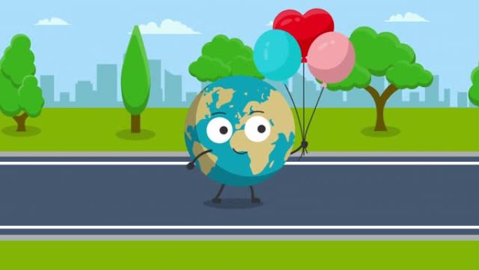 可爱的地球角色与生日气球动画。