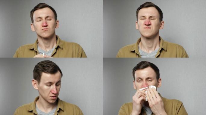 男子向鼻孔喷洒鼻腔药物以获得缓解