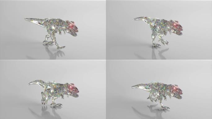 钻石恐龙行走。自然和动物的概念。低聚。白色。无缝循环的3d动画