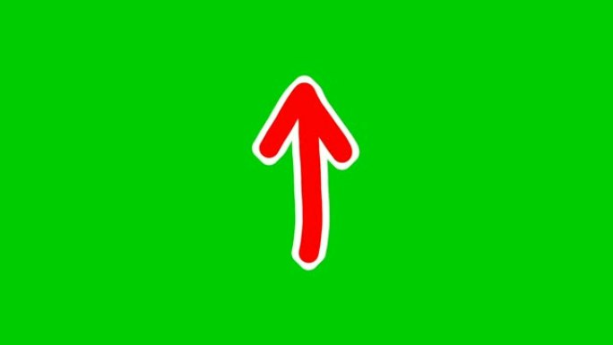 手绘箭头动画绿色屏幕，红色卡通箭头在绿色屏幕背景上向上移动