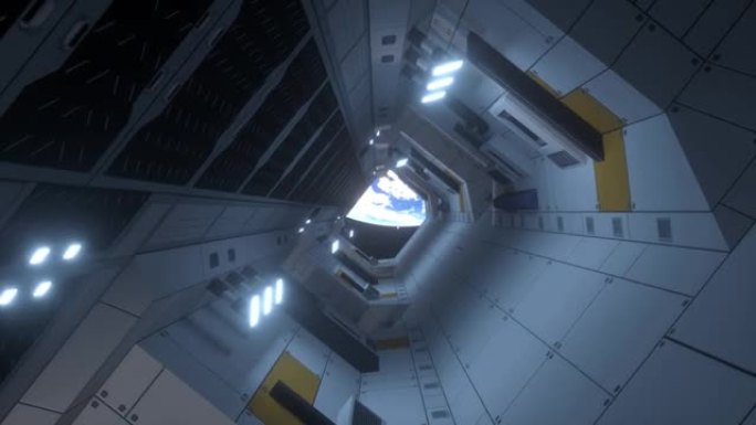 飞船走廊。在太空船隧道中飞行，科幻穿梭走廊