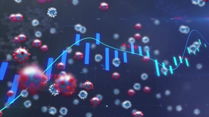 新型冠状病毒肺炎细胞的数字动画浮动和蓝色背景上的统计数据处理