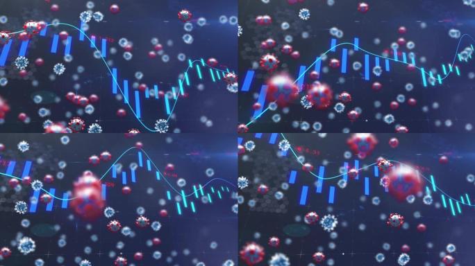 新型冠状病毒肺炎细胞的数字动画浮动和蓝色背景上的统计数据处理