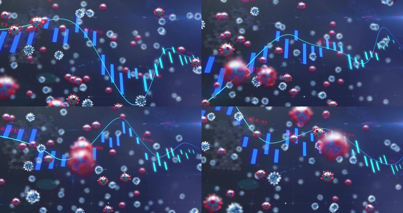 新型冠状病毒肺炎细胞的数字动画浮动和蓝色背景上的统计数据处理