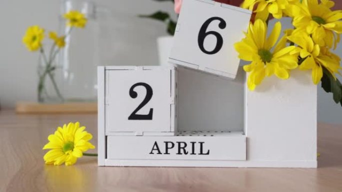 春季月份4月26日。女人的手翻过一个立方历法。黄色花朵旁边的桌子上的白色万年历。在一个月内更改日期。