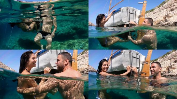 在希腊扎金索斯享受暑假和在海里游泳的情侣的4k视频