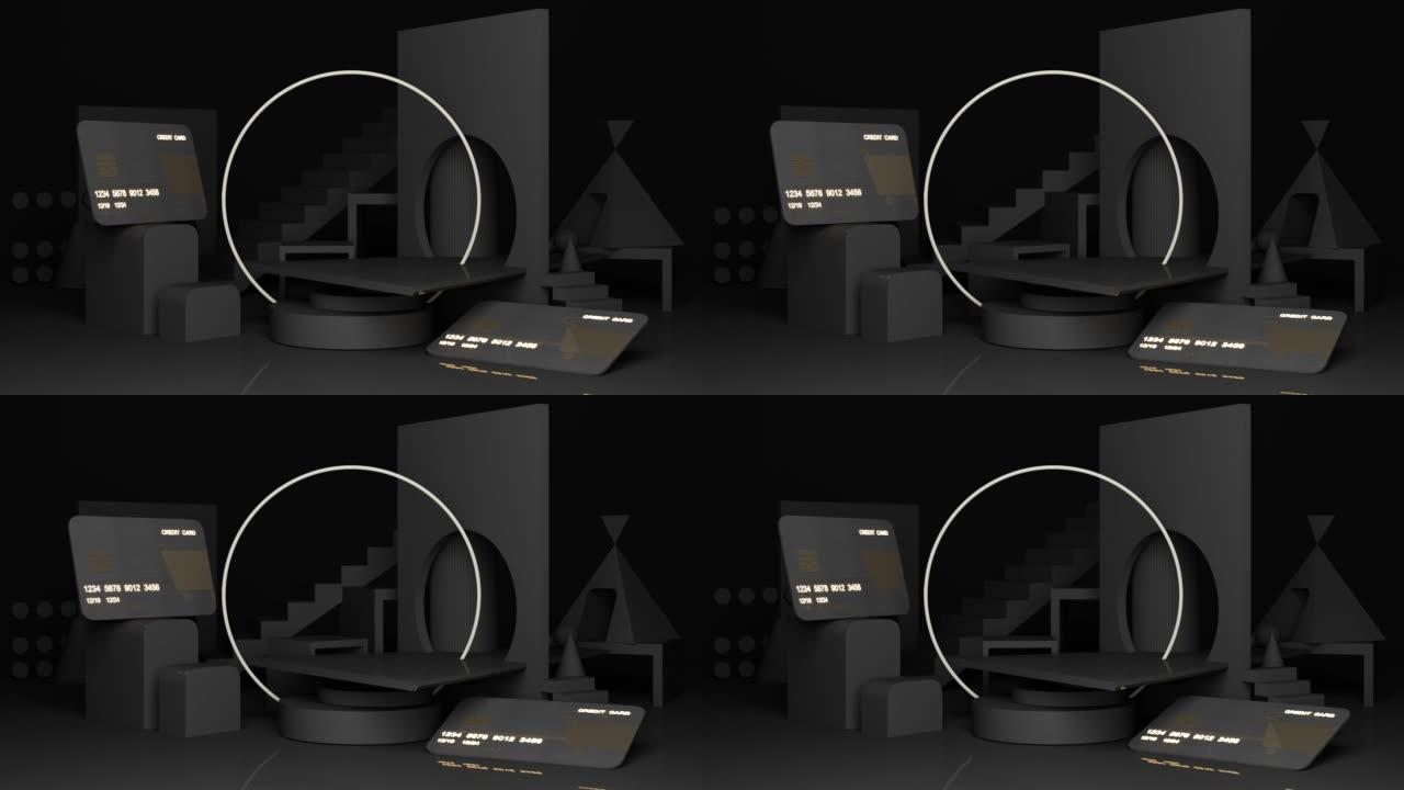 金融机会的概念黑色高级豪华信用卡模板模型银行信用卡黑色几何形状背景和产品支架与复制空间3d渲染