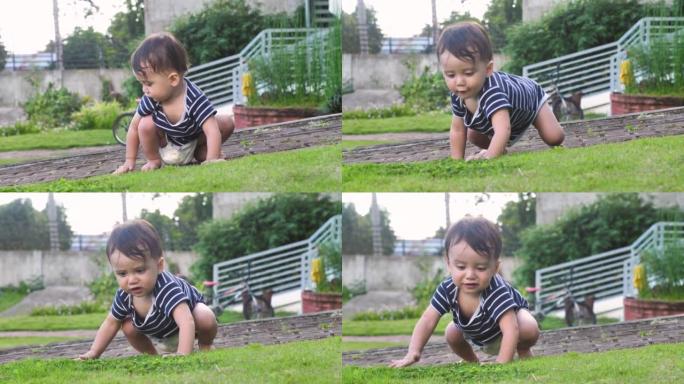 一个8-10个月大的宝宝第一次摸草坪，一个可爱的宝宝爬到整齐的草坪上摸到了柔软的草地，宝宝看着镜头笑