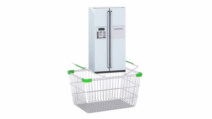 双门冰箱，带并排门系统的冰箱添加到购物篮中，3d动画。3D渲染