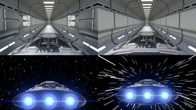 太空船飞出科幻隧道跳进超空间，3d动画