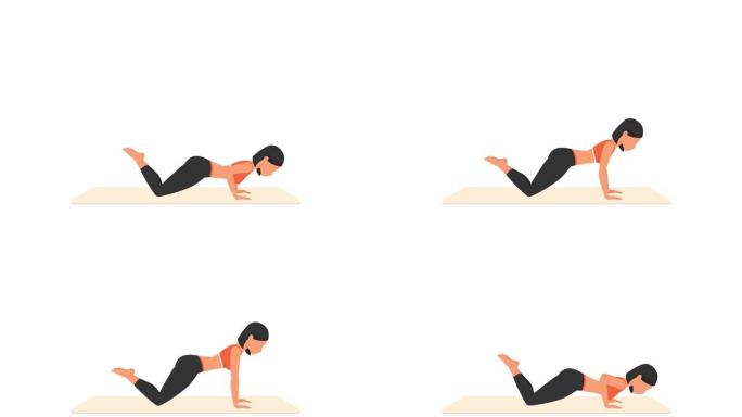 膝盖俯卧撑运动。女性在垫子上锻炼。